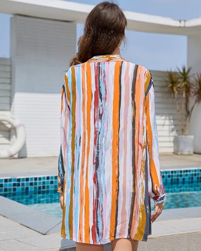 Image of Bsubseach Women Long Sleeve Beach Shirt Blouses Bathing Suit Cover Up Button Down Collar