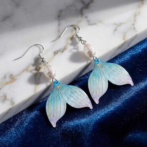 Image of Gold Starfish Mermaid Tail Dangle Drop Earrings for Women, Trendy Cute Pearl Fish Tail Shell Textured Hoop Dangling Earing Summer sea Beach Jewelry Gift.