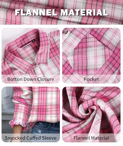 Deer Lady Womens Smocked Cuffed Long Sleeve Plaid Flannel Shirts Casual Button Down Shirt Buffalo Boyfriend Blouse Top4