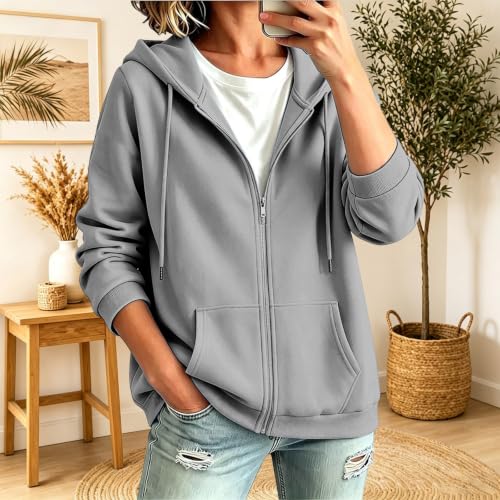 Zip Up Hoodies for Women Lightweight Casual Long Sleeve Sweatshirts Grey - image 2