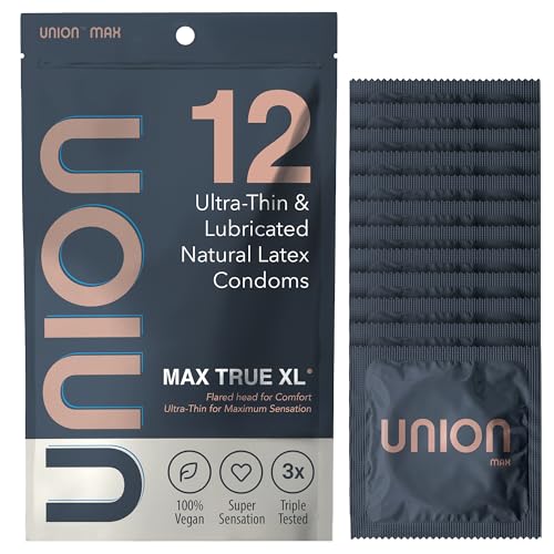 UNION MAX Condoms - True XL - Ultra Thin Large Fit Natural Latex with Flared Head, Lightly Lubrication, Sensitive Bare Feel, Natural Touch and Close Fit Comfort – Extra Large 60mm Size, 12 Count Pack