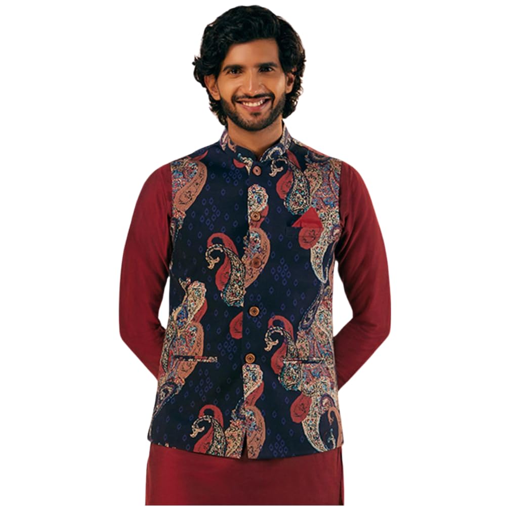 kisah Men's Nehru Jacket, Navy Blue Cotton Blend, Printed Regular Fit Mandarin Collar Sleeveless-picture-16