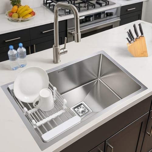 Image of EVANEX Handmade Single Bowl Kitchen Sink - 30x20x10 inches|304 Stainless Steel Sink with Matte Finish| Kitchen Sink Including Coupling, Waste Pipe & Vegetable Washing Basket|Sink for Kitchen Basin
