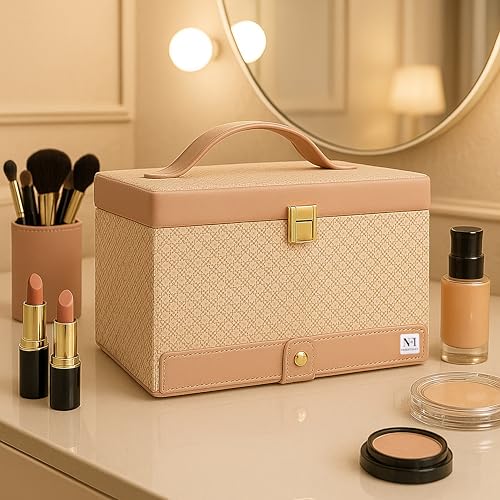 NFI essentials Makeup Organizer Box Cosmetic Vanity Box for Women Wedding Bridal Jewellery Storage with Tray Makeup Trousseau Kit Box (Pink) 3 51BkFmQmW+L