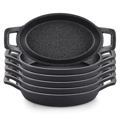 6Pcs Small Cast Iron Skillets, 16 cm Frying Pan, Sizzler Plates Gratin Dish, Cast Iron Casserole Serving Plates for Oven Safe, Induction Hob Safe