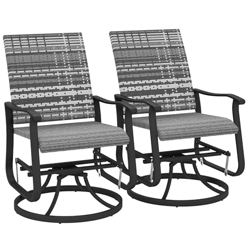 Outsunny Patio Glider Chair Set of 2, Wicker Rattan Outdoor Swivel Chair with Steel Frame, High Back, Armrests, Porch Glider with Adjustable Foot Pads for Garden, Lawn, Backyard, Gray