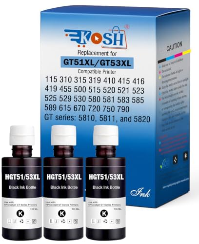 Image of KOSH Refill Ink Bottle Compatible for HP Deskjet 5810,5811,5820,5821,5822, Inktank Wireless 310,315,316,319,410,415,416,419,Smart Tank 115,500,510,515,516,720,750,790 Printers (3, GT53XL 135MLx 3)