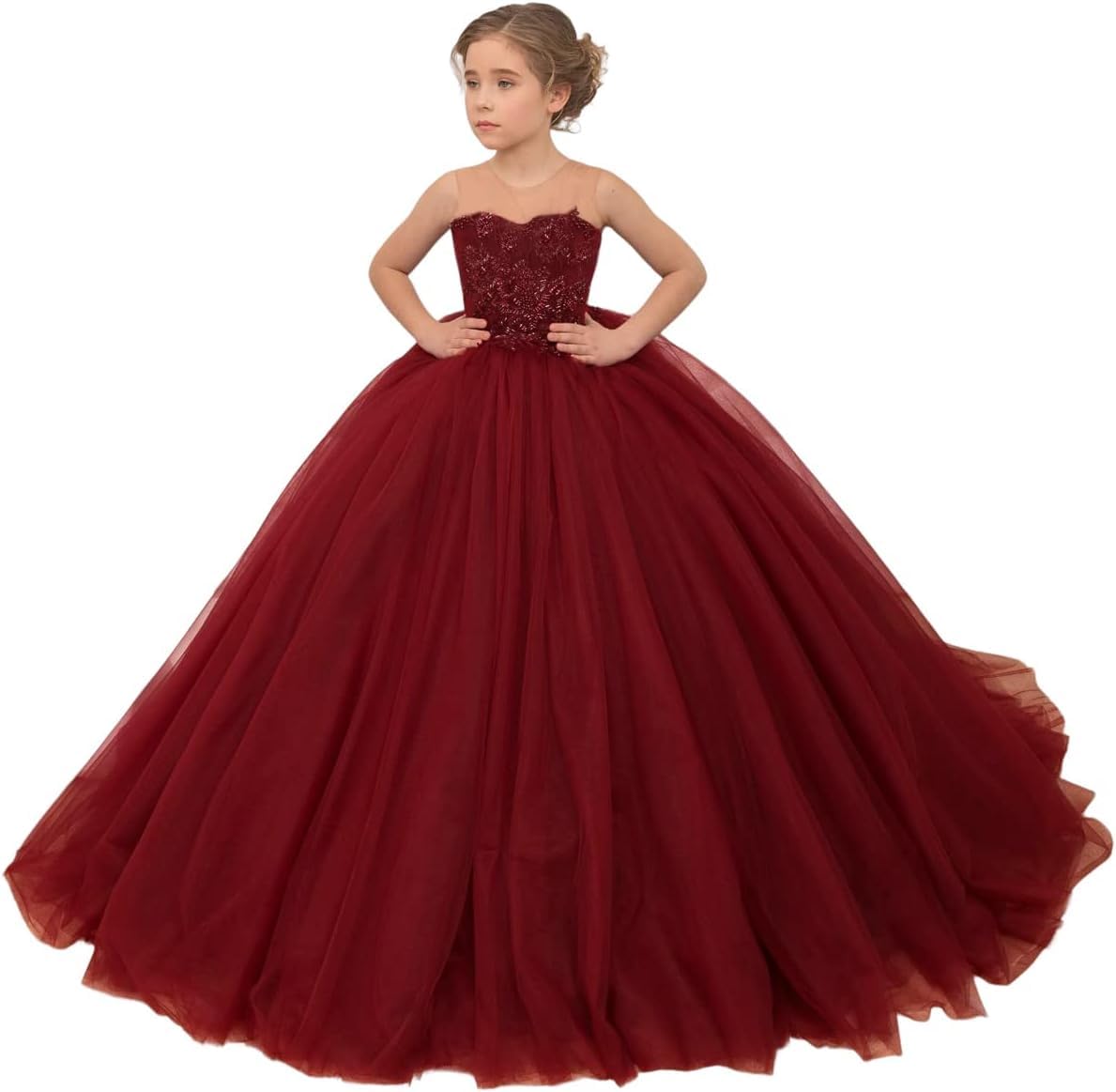 Fuomomo Girls Princess Pageant Dresses Prom Dresses Beaded Applique Tulle Floral Girls Party Dresses Burgundy