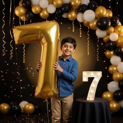 Image of Balloonistics Gold 40-Inch Foil Number 7 Balloon with Matching LED Marquee Light - Combo Set for 7th Birthday, Anniversary, Party Decoration, Photo Booth Backdrop
