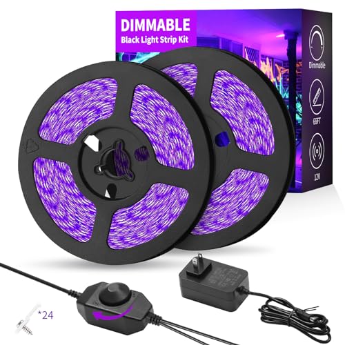 Image of Dimmable Black Light Strip Kit 66ft /20M 1200 LEDs, 12V Flexible Blacklight Fixtures, 385nm-400nm, Black Light LED Strip for Glow Party Fluorescent Poster Halloween Indoor Bedroom Decor, Non-Waterproof