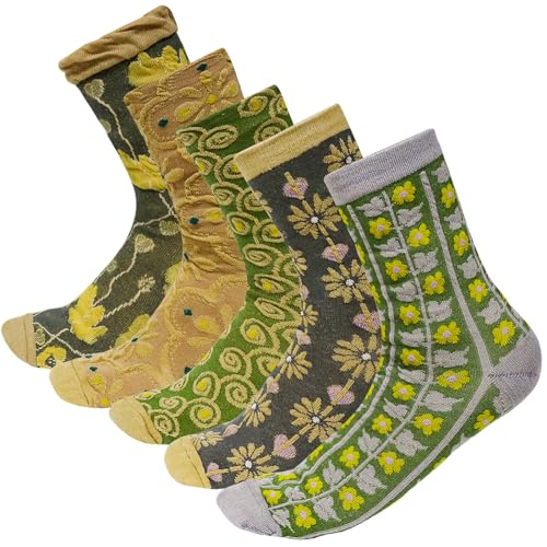 Image of 5 Pairs Vintage Patterned Crew Socks Floral Cotton Socks Warm Socks Thick Soft Socks Gifts for Women