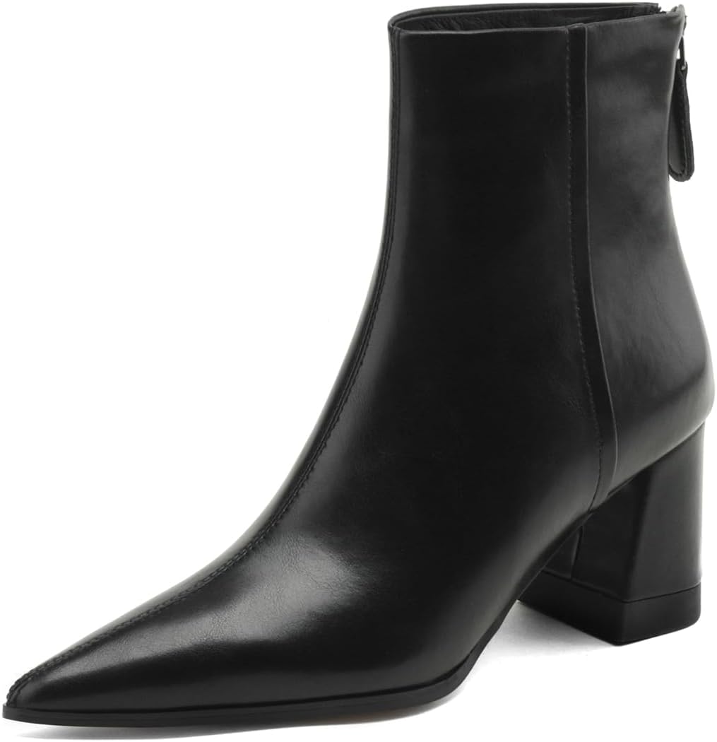 TinaCus Women's Genuine Leather Handmade Chunky Heel Back Zip Up Pointed Toe Ankle Boots