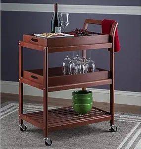 Kunjal Furniture 3-Tier Solid Wood Rolling Bar Cart Wine Serving Cart, Wheels,Utility Cart, Kitchen Storage Cart, Seasoning Rack on Wheel,for Dining Room Wine Serving Trolley (3 Tier, Brown Finish)