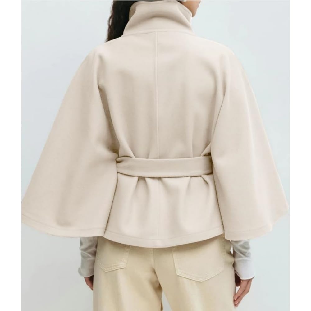 Poncho de manga murciélago para mujer abrigo corto invierno cuello alto cinturón