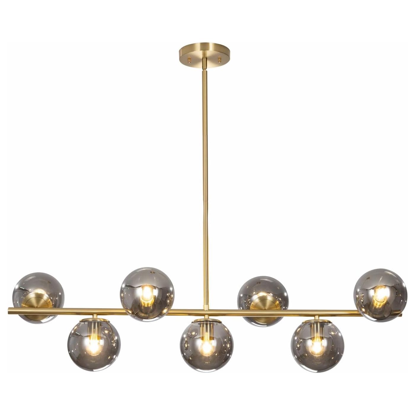 KCO Lighting Mid Century Modern Globe Sputnik Chandelier Gold Brass Pendant Hanging Light Fixture with Smoke Grey Glass Globe 7-Light Pendant Lighting for Kitchen Island Dining Living Room
