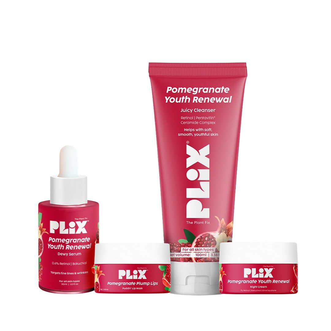 PLIX Pomegranate Youth Renewal Complete Care Combo | Cleanser, Retinol Serum, Night Cream & Lip Mask | Reduces Fine Lines, Hydrates & Brightens Skin & Lips