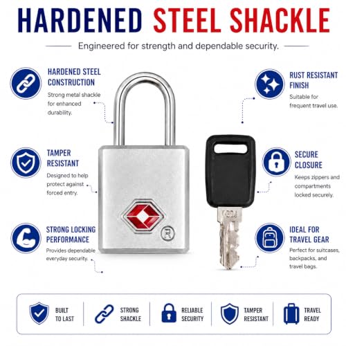 Image of QUIRA TSA Approved Travel Padlock with Key, Luggage Lock for Suitcase, Backpack, Locker & Travel Bags, Heavy Duty Security Lock (Silver)
