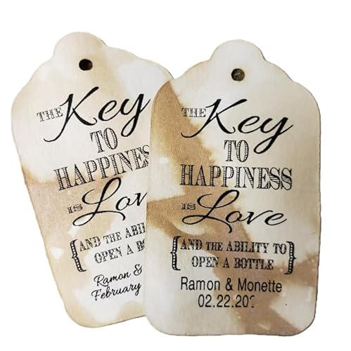Key to Happiness is Love and The Ability to Open a Bottle Personalized Tea Stained Favor Tag Sets of 20 Tags Medium