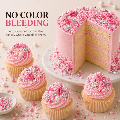 Image of Confect Cake & Cupcake Sprinkles | Love Sprinkles Mix Pink Mini Lips & Roses, Silver Hearts & Vermcelli and White Pearls | Anniversary Sprinkles | Vegan, Gluten-Free, Nut-Free, Soy-Free, Dairy-Free , Handcrafted Sprinkle -Edible sprinkles -140 Gms