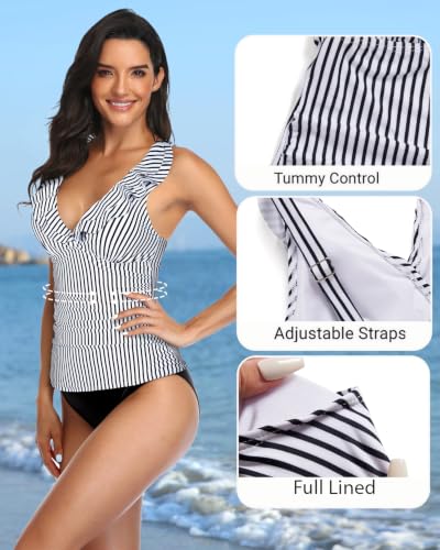 Image of Yonique Women's Tankini Top Only Tummy Control Bathing Suit Top Ruffle Swimsuit Top V Neck Swim Tank Top No Bottom