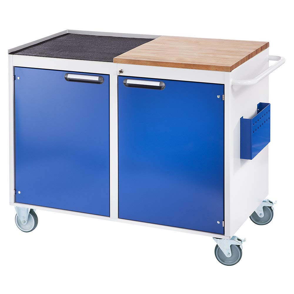 RAU Établi, Mobile – 2 portes, surface de travail bois/métal, gris clair/enzianblau – BritishBins machines-outils machines-outils, Mobile BritishBins machines-outils machines-outils, Mobile