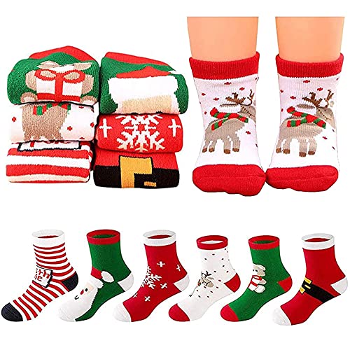 Noël Chaussettes, 6 Paires Chaussettes Enfants Xmas Chaussettes Mignon Coton De Bande Dessinée Animal Père Noël Rennes Chaussettes Cadeaux pour Unisexe Chaussettes Bébé Garçon Fille Enfants S Cover