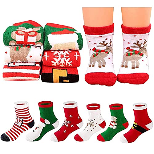 JORAKI Calcetines de Navidad, 6 Pares Calcetines Navidad de algodón Animal de dibujos animados reno de Santa Claus Unisex Calcetines de Navidad regalos para Niña Regalo Navidad S