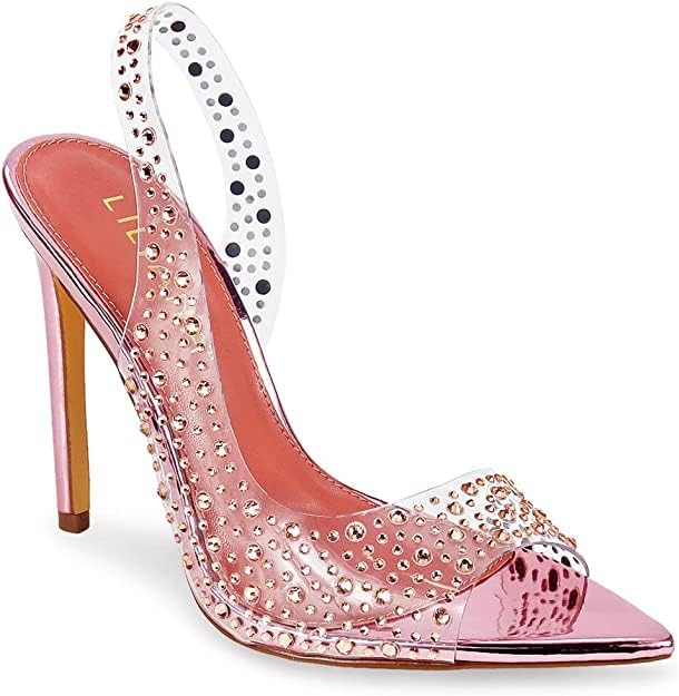 Liliana Women Rhinestone Slingback Pointy Heel Sandal With Clear Strap LAURENT-45 Pink 9 | Image 1