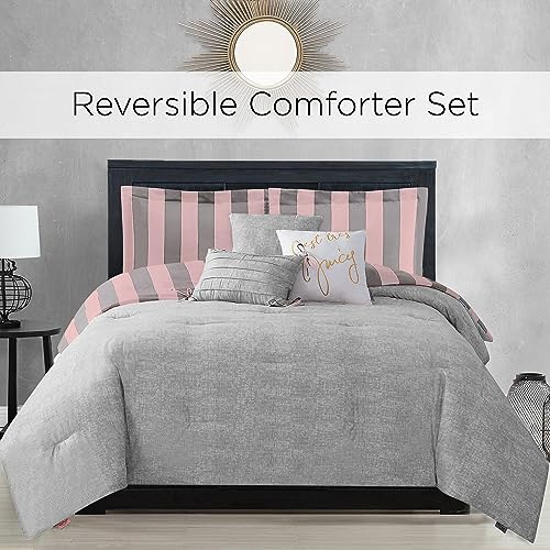 Image of Juicy Couture Cabana Stripe Reversible Bedding Set - Twin /Twin XL Size - Pink and Grey Stripe Print - 5 Piece Set - Includes 1 66 x 90 Comforter, 3 Decorative Pillows, 1 Sham