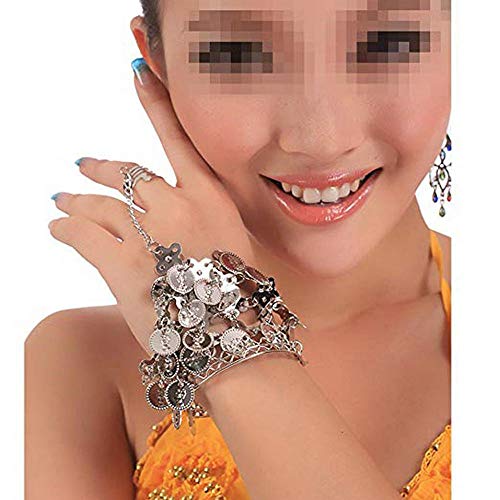 Yozone Belly Dance Silver Triangle Bracelet Hand Jewelry Ladies Silver Bracelet Ladies Belly Dance Jewelry Coin Bracelet Bracelet with Ring - 2 Pcs (Silver) - Image 5
