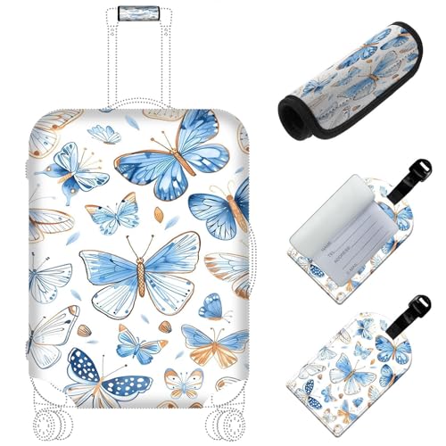 Tudguiloae Travel Luggage Accessory Kit, Watercolor Butterflies Theme Suitcase Cover, Luggage Tag, Handle Wrap, Washable Zipper Close Luggage Protector (18-20 inch, S)