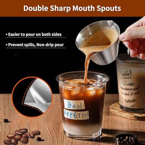 YARRAMATE Espresso Cup with Handle, Stainless Steel Espresso Accessories, Double Spout Metal Measuring Cup with Dual Scale, Espresso Shot pitcher with V-Shaped Mouth, 3.4OZ/100ML - Thumbnail 2