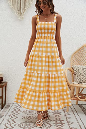 Image of kinstell Women's Summer Boho Spaghetti Strap Square Neck Ruffle Casual Flowy Long Dress Beach Swing Party Maxi Dress