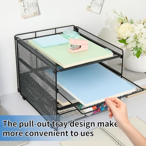 Image of OPNICE Desk Organizer, 4-Tier Desktop File Organizer with Drawer, Office Desk Accessories, File Sorters, Workspace Organizers for Office Supplies(Black Upgraded)
