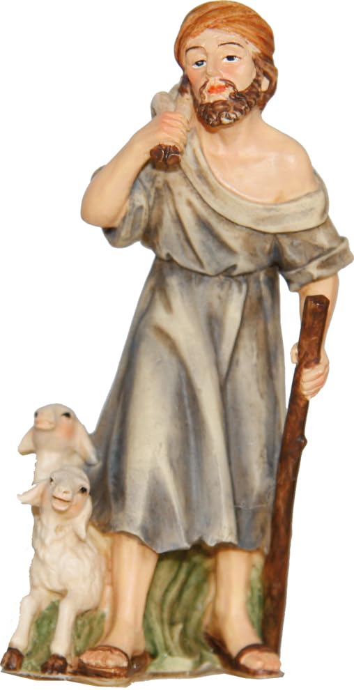 Statua Presepe Pastore 11 Cm - Fatta A Mano In Poliresina, Effetto Legno, Dettaglio Realistico