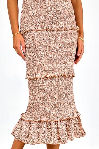 Image of dowerme Women Summer Casual Floral Midi Smocked Bodycon Dresses Spaghetti Strap Square Neck Ruffle Mermaid Prom Dress