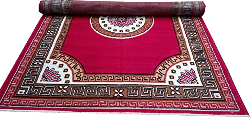 Image of Gold Area Rug with Greek Key Border and Floral Centre (Red, 6x8) | Living Room & Bedroom, Classic & Modern Decor, Easy to Clean, Soft Pile Design, Fits Under Furniture