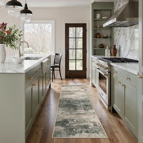 Image of BEIMO Runner Rug for Hallway Kitchen, 2'x6' Machine Washable Runners Rug for Entryway, Soft Modern Abstract Throw Rugs, Low Pile Floor Cover with Non Slip Backing, Grey /Dark Green