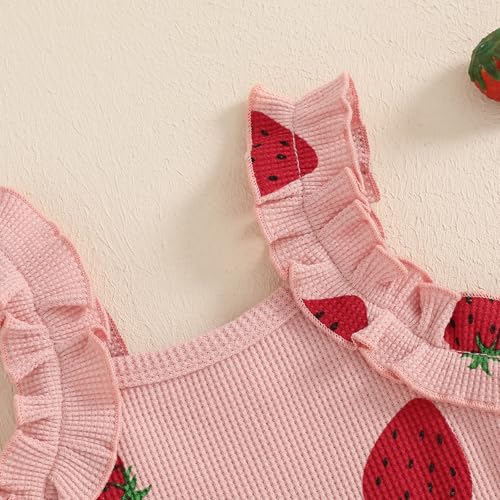 Infant Baby Girl Summer Outfit Strawberry Bow Ruffle Sleeveless Bubble Romper Shorts Set Waffle Newborn Clothes4