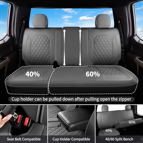 Image of Huidasource Gray Rear Seat Covers Fit for Ford F150 2015-2026 & F250 F350 F450 2017-2026 Crew Cab XL XLT Lariat King Ranch Platinum, Nappa Leather Waterproof Rear Bench Car Seat Cover