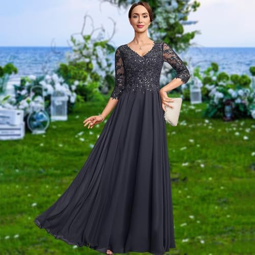 A line V Neck Floor Length Lace Chiffon Mother of The Bride Dress with Sequins Wedding Guest Dresses for Mom3