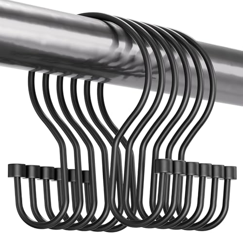 Bathway Shower Curtain Hooks Black Shower Curtain Rings Simple Double Hook Shower Curtain Hooks Rust Proof Smooth Sturdy Metal Shower Hooks for Shower Curtain Rod 12Pcs Shower Rod Hooks