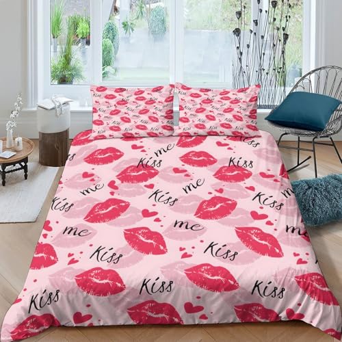 Lipstick kisses Ensemble De Literie Hypoallergique Microfibre 3 pièces Imprimé en 3D Romantique kiss motif Parure de Lit avec Taie d'oreiller Ultra Douce for Chambre à Coucher Double（200x200cm）