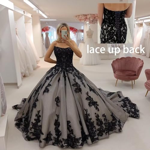 Strapless Lace Black Wedding Dresses for Bridal A Line Puffy Tulle Bridal Gowns with Train Long Elegant Bridal Dresses2