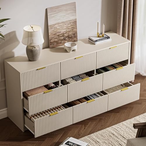 Image of MAISONARIA Beige 9 Drawer Dresser for Bedroom, 63 inch Wide Modern Fluted Dresser with Gold Metal Handles, Chest of Drawers for Bedroom, Living Room, Entryway, Hallway