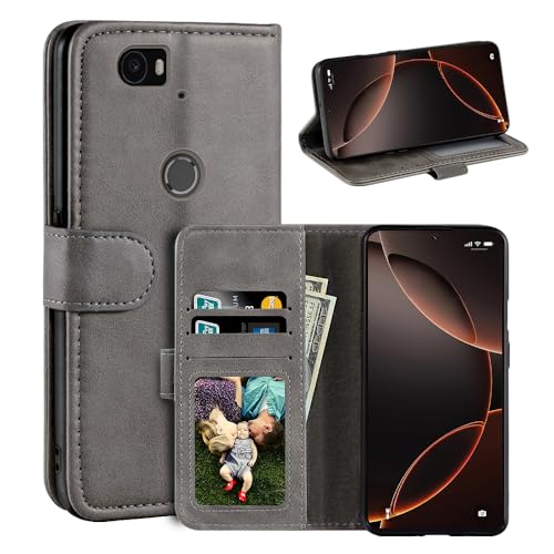 UOGNADGD Leather Flip Cover Compatible with Huawei Nexus 6P Wallet Case with Card Slots, Magnetic Closure, Stand Function, RFID Shockproof Folio (Gray)