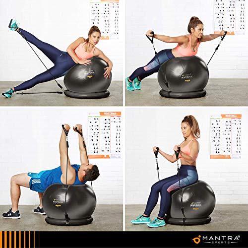 Exercise Ball Chair - 55cm / 65cm / 75cm Yoga Fitness Pilates Ball & Stability Base for Home Gym & Office - Resistance Bands, Workout Poster & Pump. Improve Balance, Core Strength & Posture