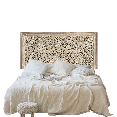 KultureDeco Sumber Antic Personalized Queen Wood Headboard Panels, Custom Engraved Hand Carved Boho Farmhouse Wall Decor, 2 Panels, Hardware Included