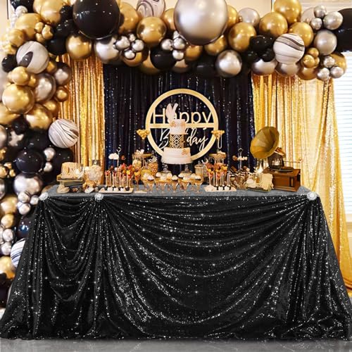 Image of B-COOL Seamless Sequin Table Cloth Black Glitter Design Table Cloth Wedding Overlay Birthday Party Tables Decoration Fabric 90x132-inch (Black)