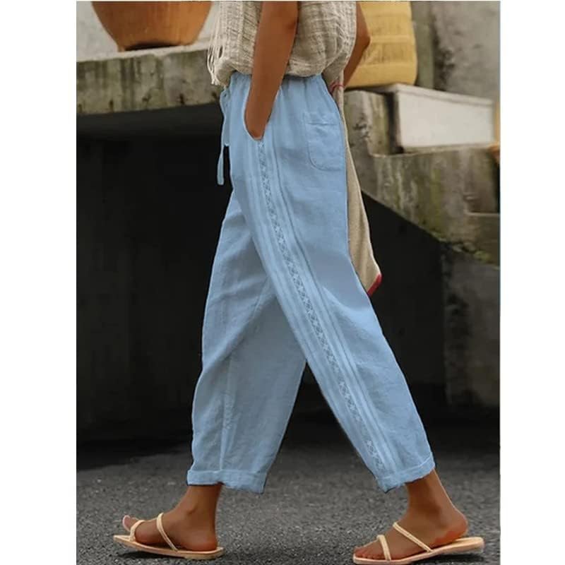 Costaric Casual Linen Pants Women's Summer Elastic Waist Crop Pants Straight Leg Beach Trousers with Pockets Relaxed Fit2